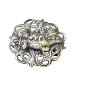 Victorian Cherub Belt Buckle Half Ornate Angel Scroll Metal Fastener Antique Jew